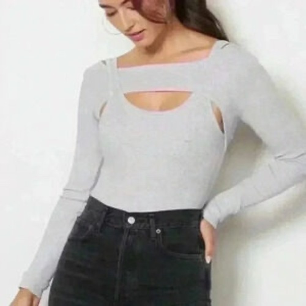 Citizens of Humanity Dasha Cutout Ribbed Bodysuit Gray Size Large